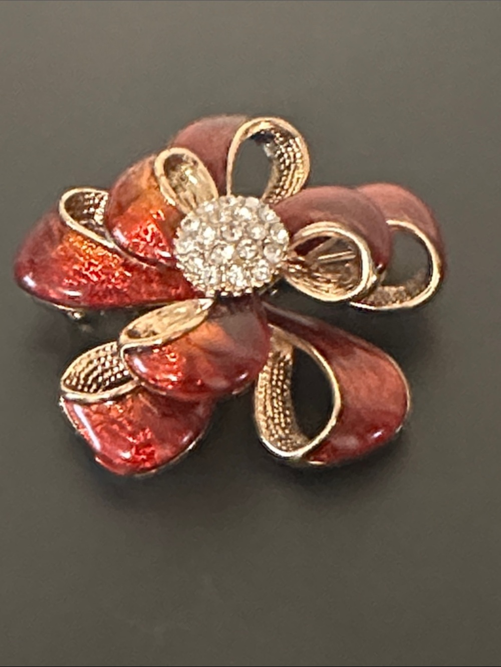 Talbots Red Enamel Flower Brooch with Gold-Tone Accents